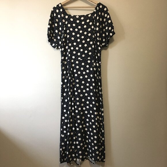 Linen Blend Polka Dot Button Down Puff Sleeve Maxi Dress - Picture 2 of 16